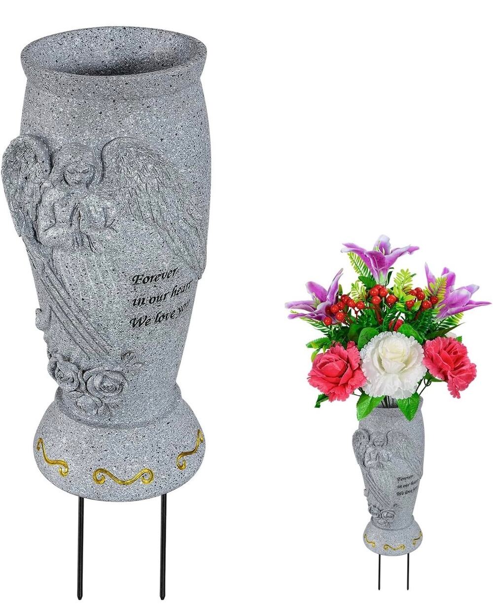 Angel Memorial Cemetery Vase with Ground Spikes Resin Grave Flower Holder